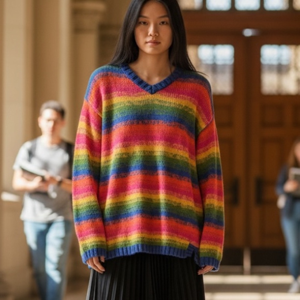 Multicolor Rainbow Stripe V-Neck Sweater